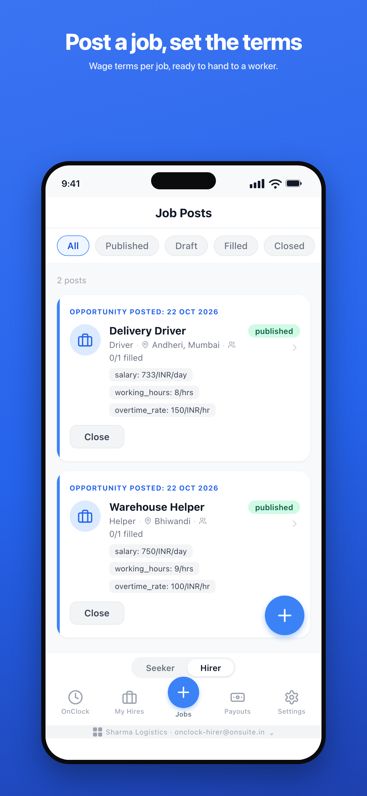 Phone — Job Posts: the hirer's published jobs with wage terms