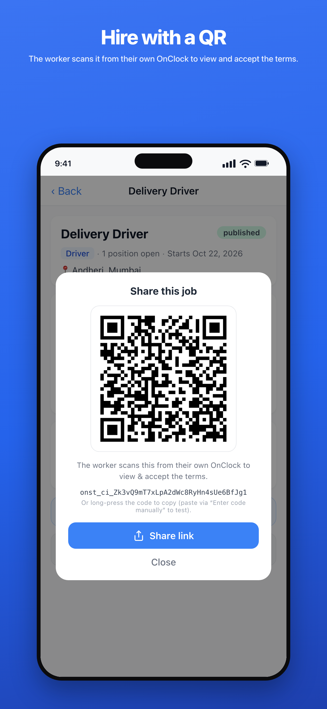 Phone — Share this job: the QR a worker scans to view and accept the terms