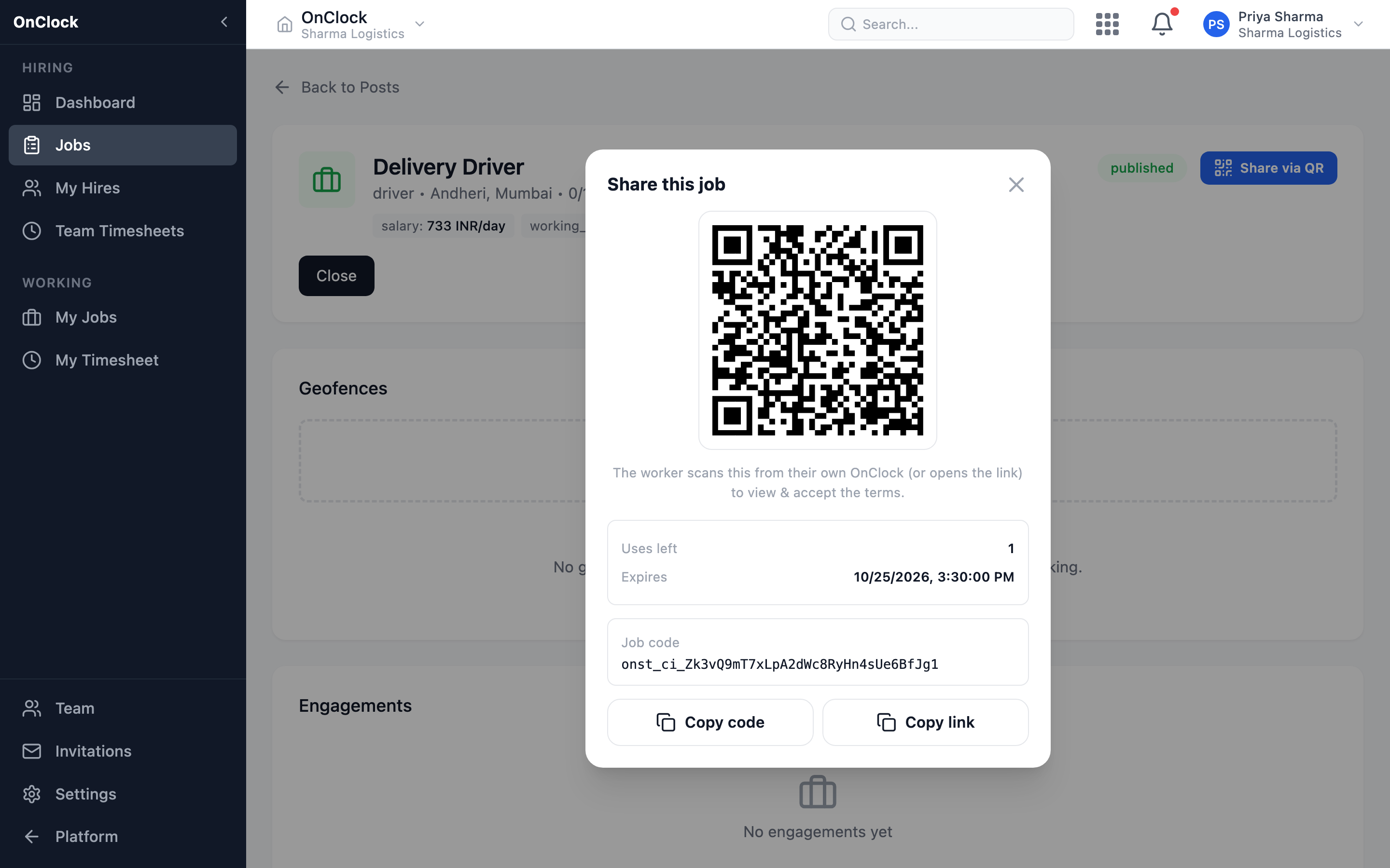 A job with Share via QR open — the QR, the claim link's uses and expiry, and the job code to copy